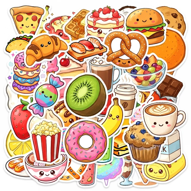 

50PCS Cartoon Western Food PVC Sticker Aesthetic Colored DIY Sticky Decoration Scrapbooking Hand Accounting Stationery Supplies