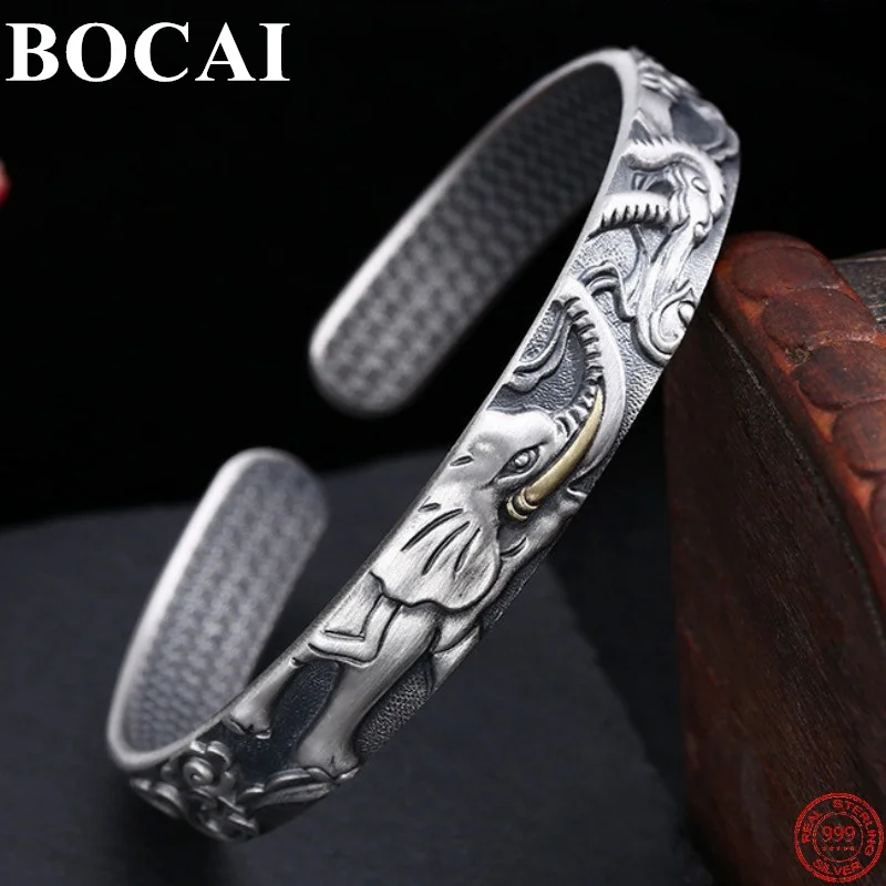 

BOCAI S999 Sterling Silver Bracelets New Fashion Elephant Retro Old Pattern Bangle Pure Argentum Hand Jewelry for Women