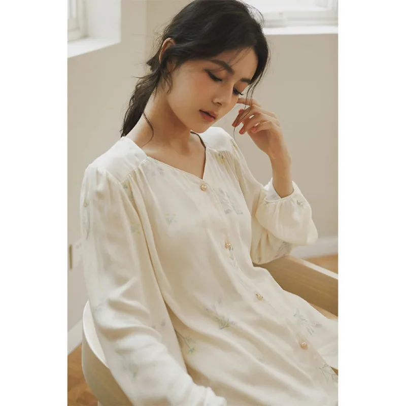 2023 Autumn Satin Long Sleeve Pajamas Set Cute Sweet Comfortable Printed Homewear Cotton Silk Fresh and Elegant Sleepwear