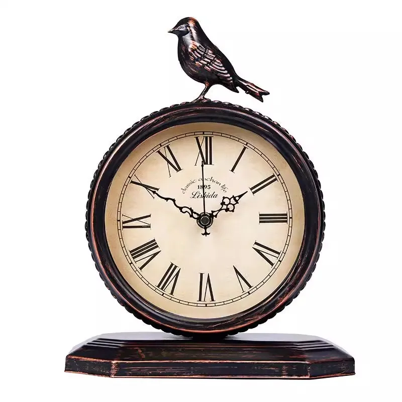 European Style Retro Iron Art Desk Clock, Living Room Creative Desk Clock, Pendulum Clock