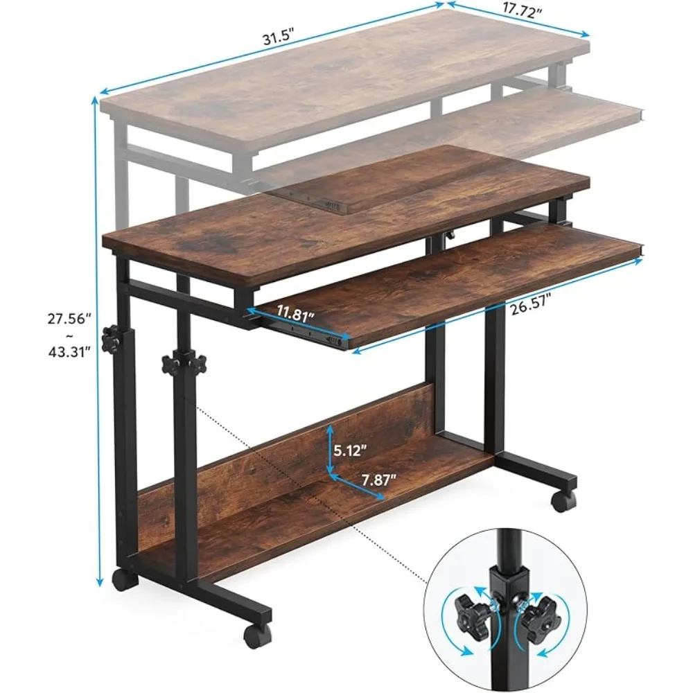 Portable Desk for Sofa and Bed, Height Adjustable Laptop Table Small Standing Desk Rolling Computer Cart with Keyboard Tray