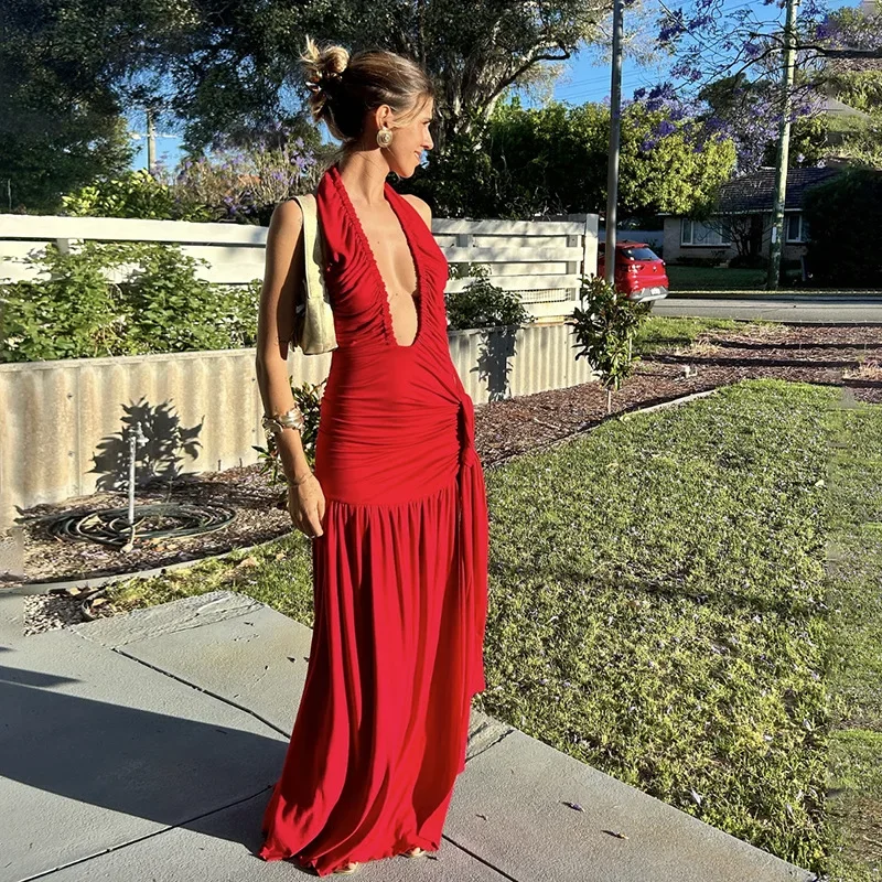 Frauen Sexy Raffen Halter Maxi Party Kleid Sexy Tiefem V-ausschnitt Ärmellose Backless Lace Up Band Bodycon Geburtstag Lange Robe