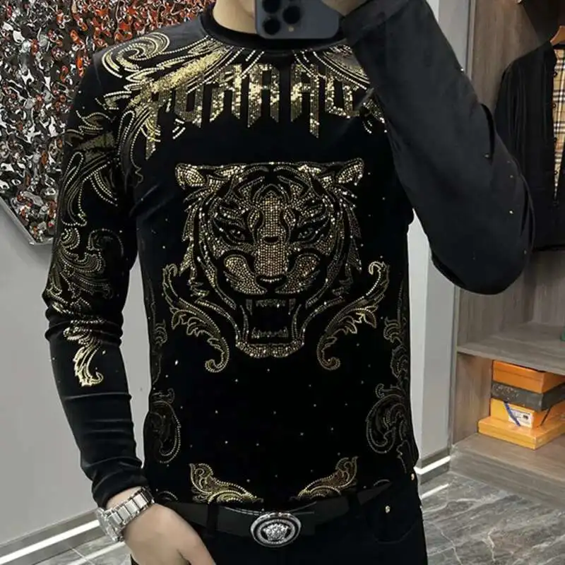 Casual O-Neck Tee Shirt Homme Diamond Print Men Long Sleeved T-shirt Luxury Streetwear Fashion Men Flower Tshirt Comfortable