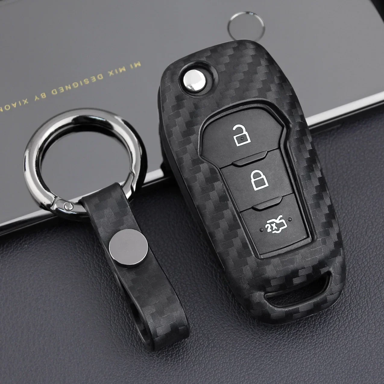 Flip Car Key Fob Cover Case Chain For Ford Ecosport F150 F250 F350 F450 XLT Ranger XL Maverick Everest Carbon Fiber Look