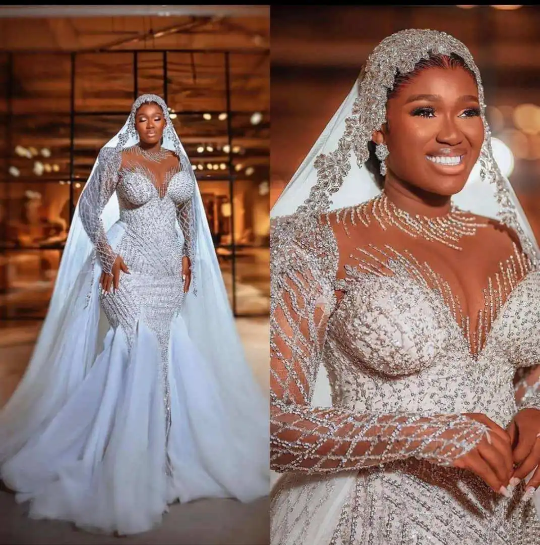 Customized Customize Africa Cystal Beading Vintage Mermaid Wedding Dress White Long Sleeve Africa Bridal Gowns With Detachable T