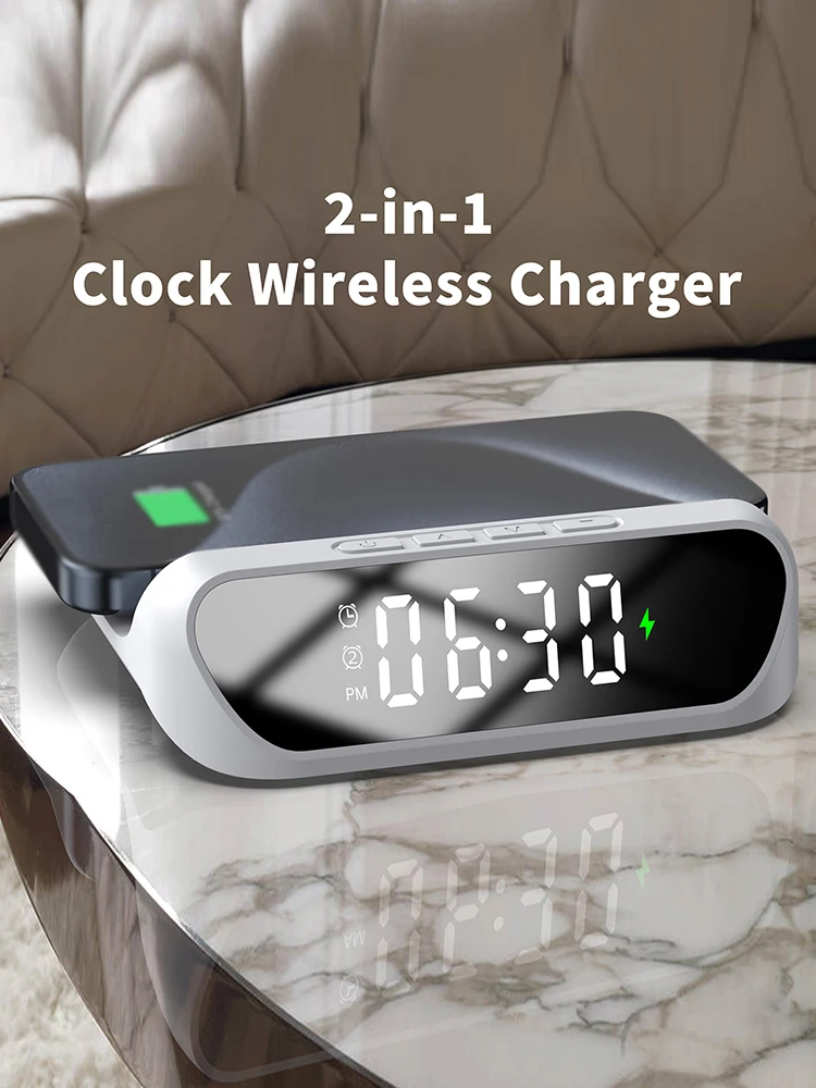 Desktop Clock Alarm Clock Cell Phone Wireless Charger, Digital Display 2-in-1 Clock Wireless Charger, One Put and Charge