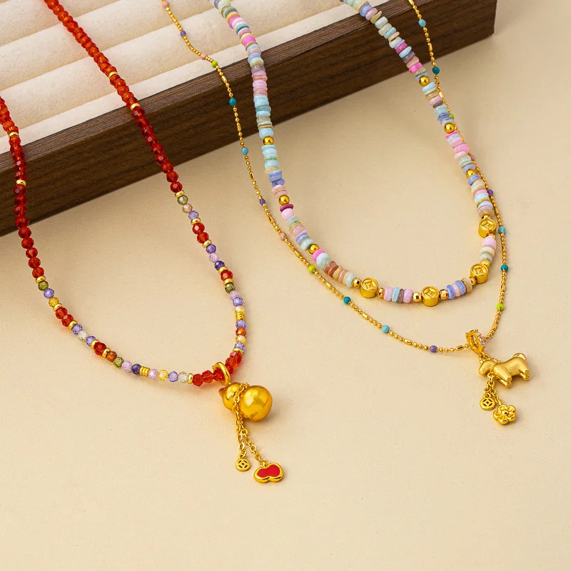 

New Chinese Style Natural Stone Beaded Necklace Gourd Shape Charms Cute Horse Pendant Light Luxury Versatile Clavicle Chain