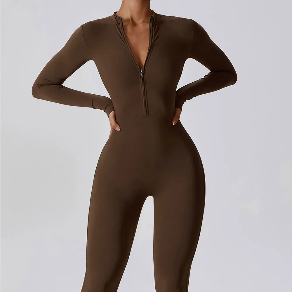 Women\'s One-Piece Suit Zipper Nude Long Sleeve Yoga Set Gym Clothes Workout Boilersuit High Strength Sportswear Fitness Bodysuit