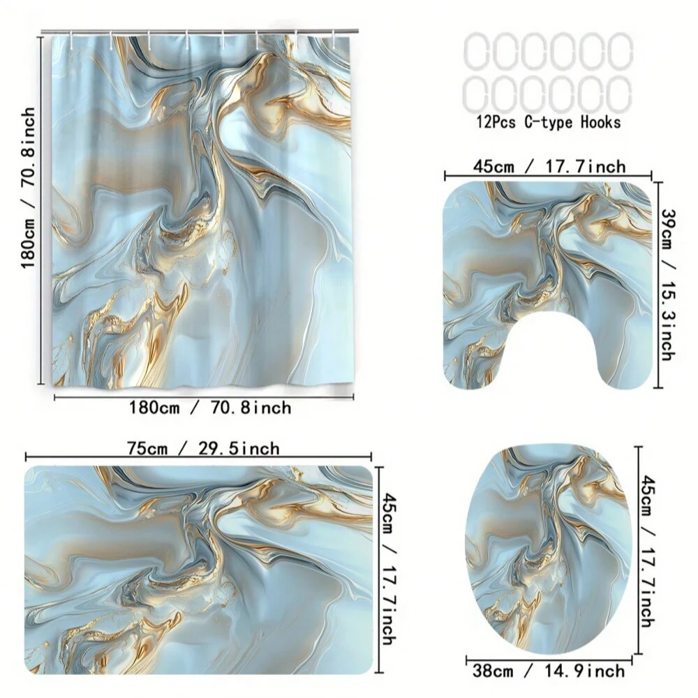 4pcs Set Gold Vein Marble Shower Curtain Toilet Seat Cover U-Shaped Mat  Bath Mat Waterproof Curtain Bathroom Accessories