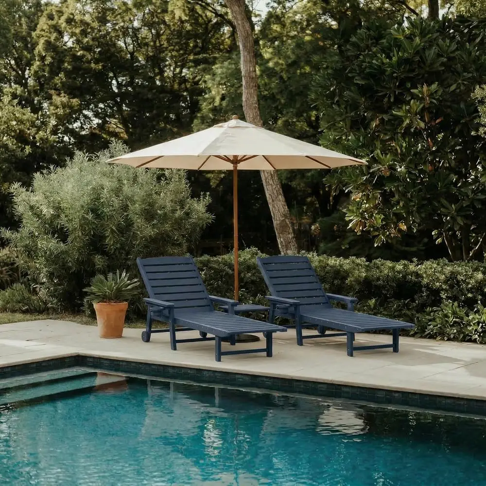 

2-Piece Outdoor Lounge Chair Set with Umbrella, Weather-Resistant HDPE, Adjustable Poolside Chairs, Rolling Wheels, Cup Holder,