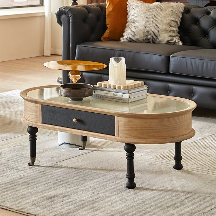 French vintage solid wood coffee table living room small apartment second-hand glass coffee table furniture
