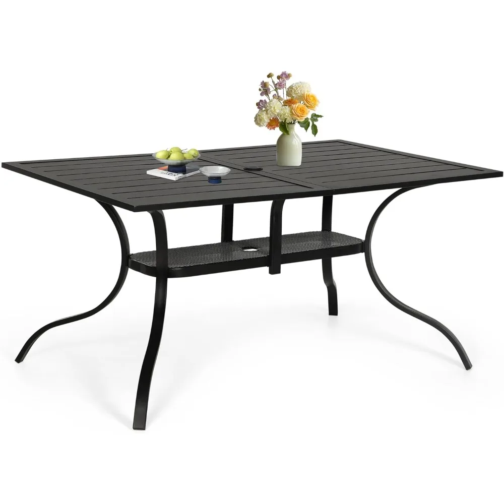 

Patio Rectangular Dining Table 60 x 37 Outdoor Metal Steel Frame & Slat Tabletop with 1.57 Umbrella Hole