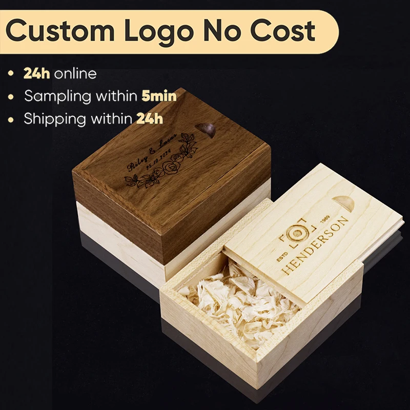 Free Custom Logo Wooden Unfinished Blank Storage Box with Slide Top for Necklace Ring Jewels or USB Wood Storage Boxes Case