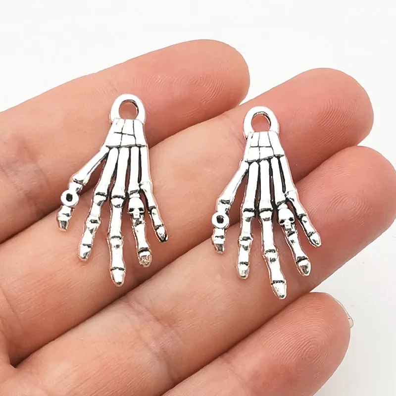 10Pcs 21*35mm Alloy Antique Silver  Skull Skeleton Hand Charms Pendant Designer Charms Fit Jewelry Making DIY Jewelry Findings