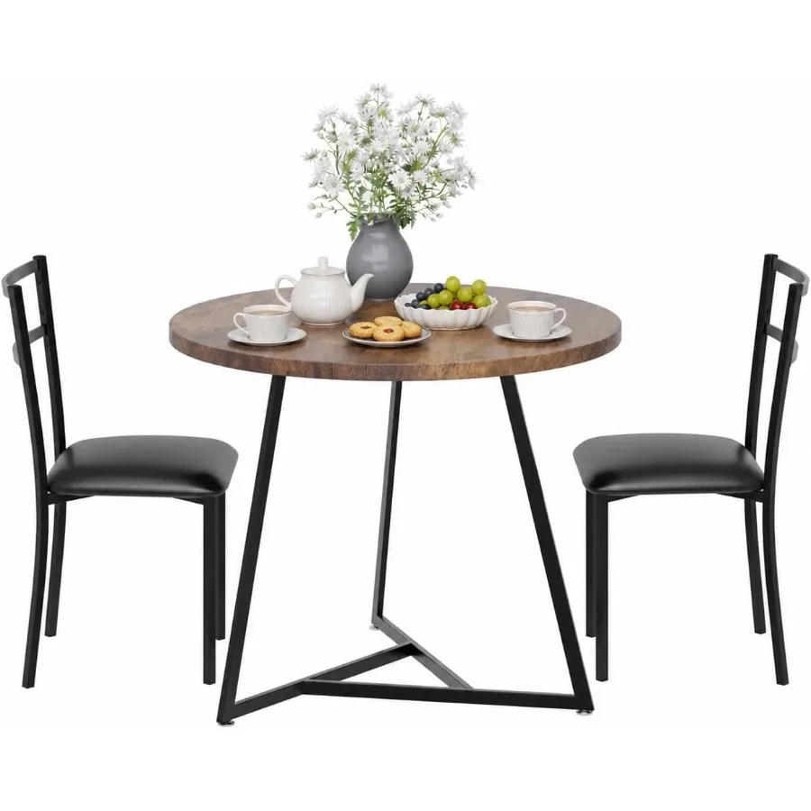 3PCS Small Round Kitchen Dining Table and Chairs Set for 2 Modern Bistro Furniture, Metal Frame, Wood Grain Top, 2 Upholstered
