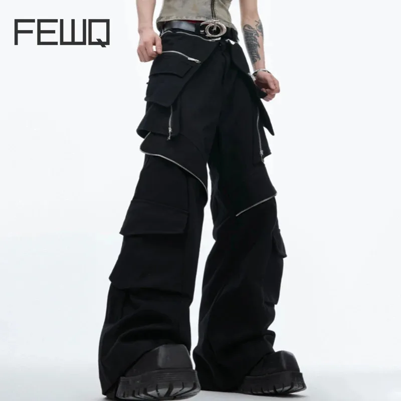 FEWQ-Calça casual de bolso grande, calça monocromática, zíper de metal, solta, roupa de trabalho monocromática, nova moda, 24E1100, 2021