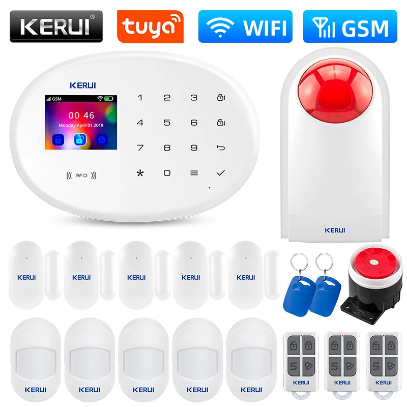 KERUI W202 Tuya WIFI GSM Alarm System Smart Home Security Alarm Kit RFID APP Remote Control with Motion Sensor Detector