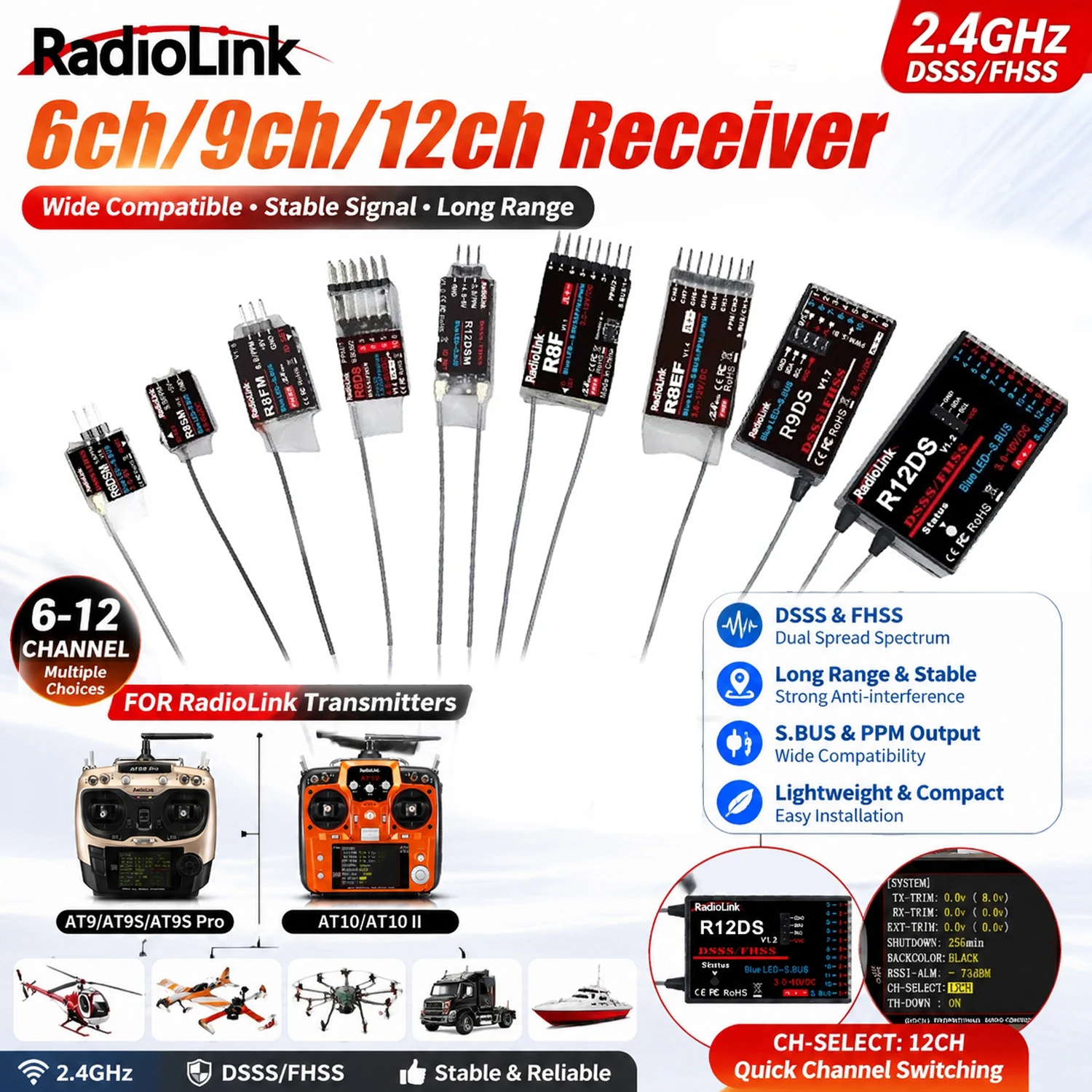 Original Radiolink R6DS R6DSM R8EF R8F R8FM R8SM R9DS R12DS R12DSE 2.4GHZ Receiver 2.4GHZ RC Car Boat Transmitter RC4GS V2/RC6GS