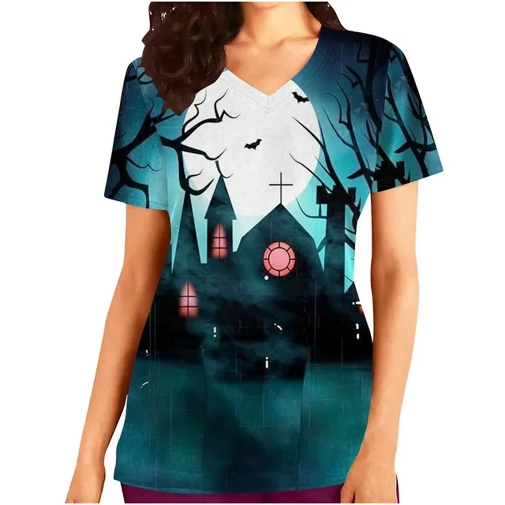 Halloween Damen Krankenschwesteruniform Frosted Top Damen Bedruckte Scrub Tops Arbeitsuniform Kurzarm V-Ausschnitt Taschenarbeitsuniform