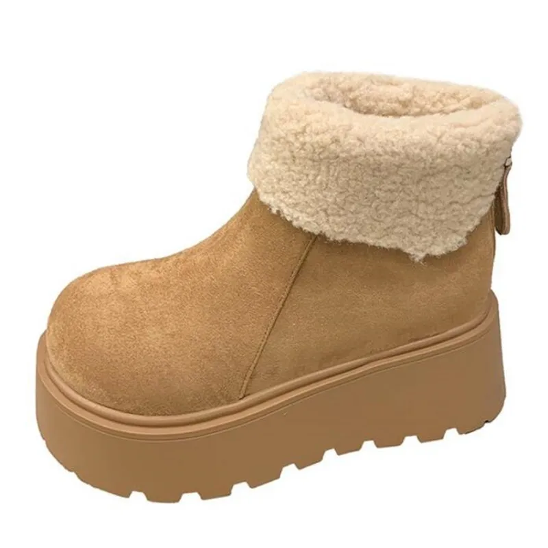 

Новые женские зимние ботильоны на платформе, замшевые хлопковые туфли на среднем каблуке, короткие плюшевые теплые ботинки, модные зимние повседневные ботинки Botas De Mujer