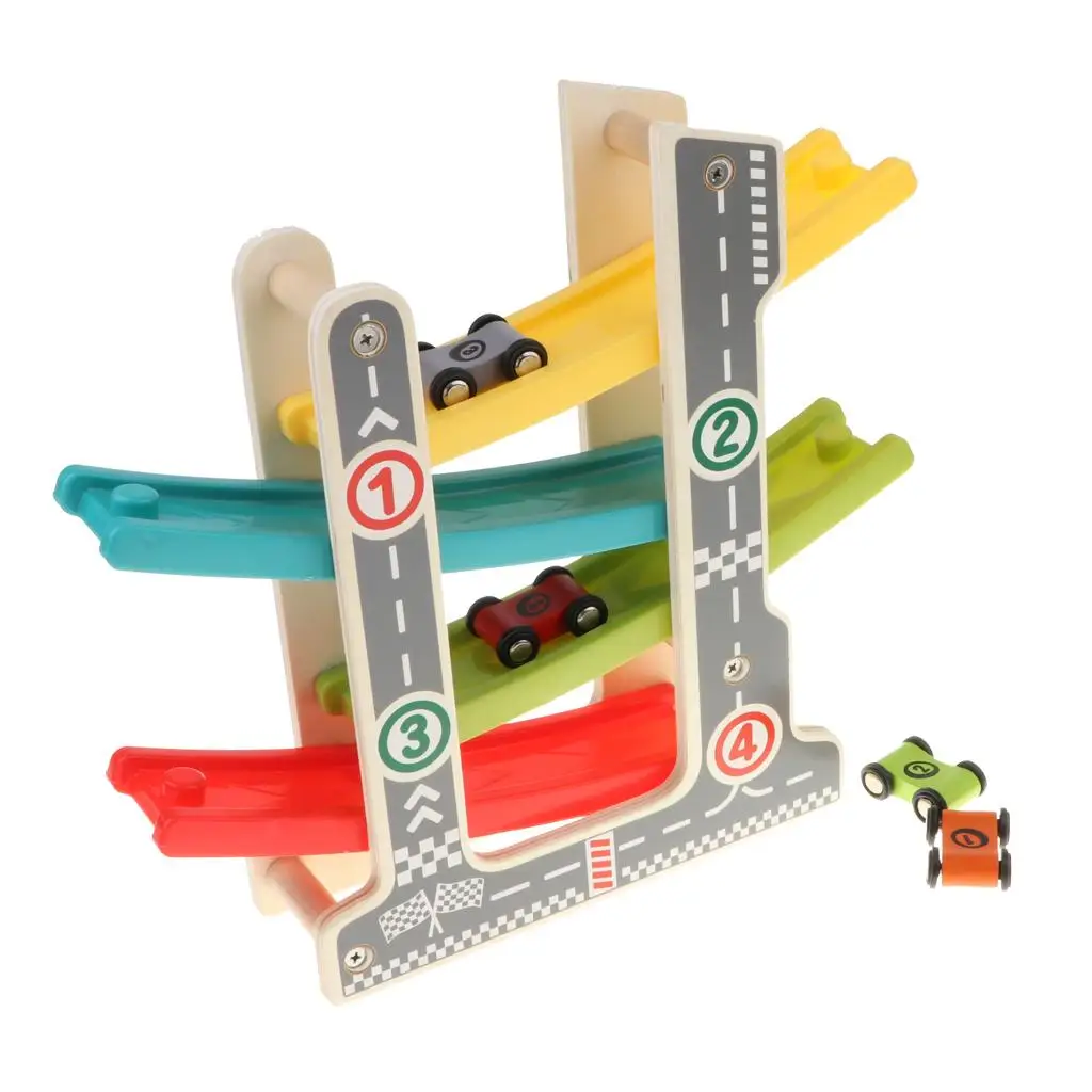 Pembalap Jalan Mobil Trek Balap 4 Lapis Kayu dengan 4 Mobil Mini, Hadiah Mainan Perkembangan Dini Balita Anak-anak