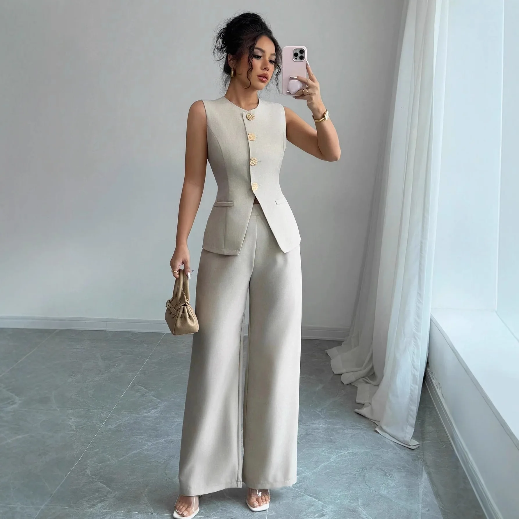

2026 Commuting Women's Fashion Round Neck Vest And Wide-leg Pants Two-piece Sleeveless Suit Clothes Elegant Beach