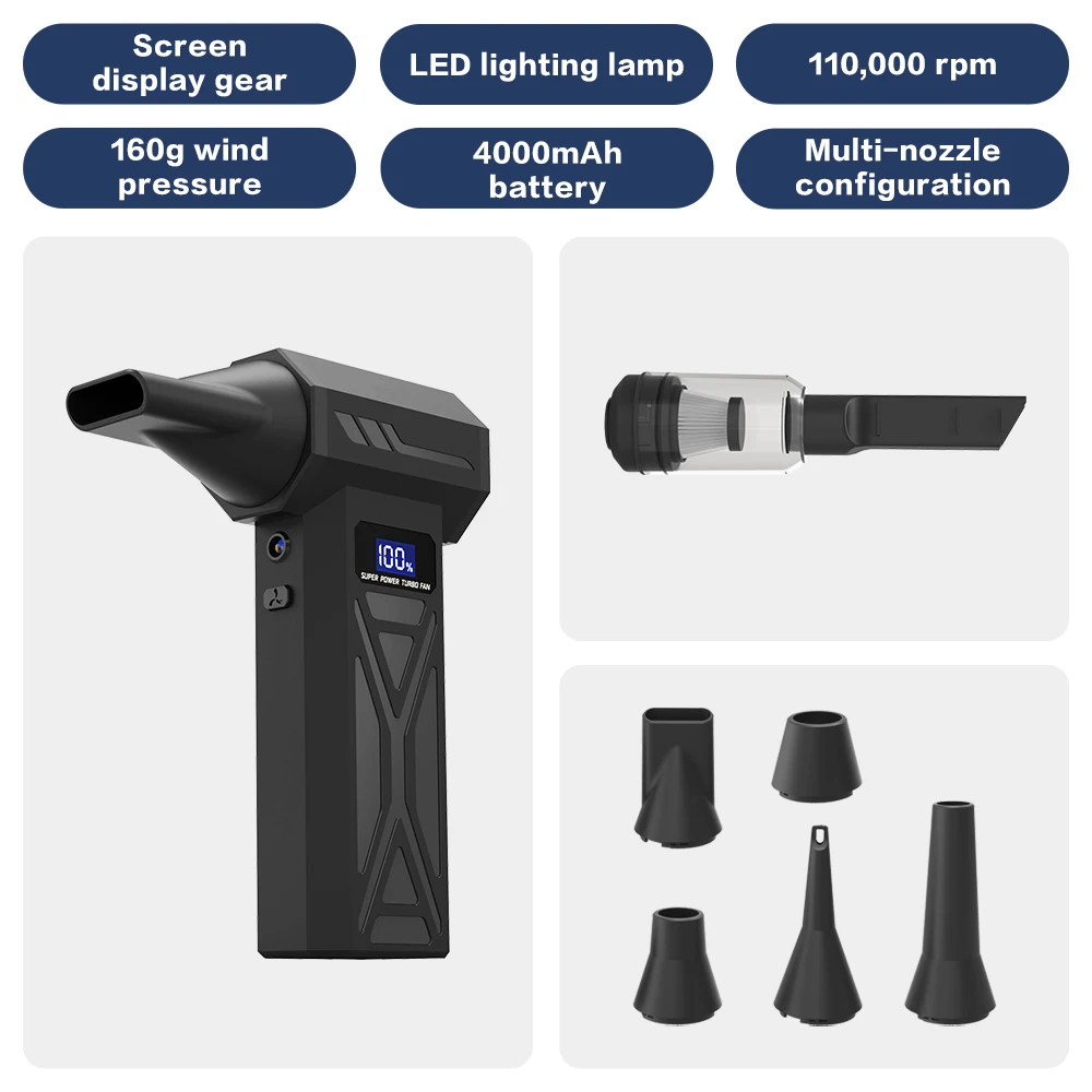 P70 مروحة عنيفة Turbofan 110000 دورة في الدقيقة منفاخ غبار عالي السرعة 160 جرام مكنسة كهربائية محمولة محمولة بقوة 4000 مللي أمبير في الساعة