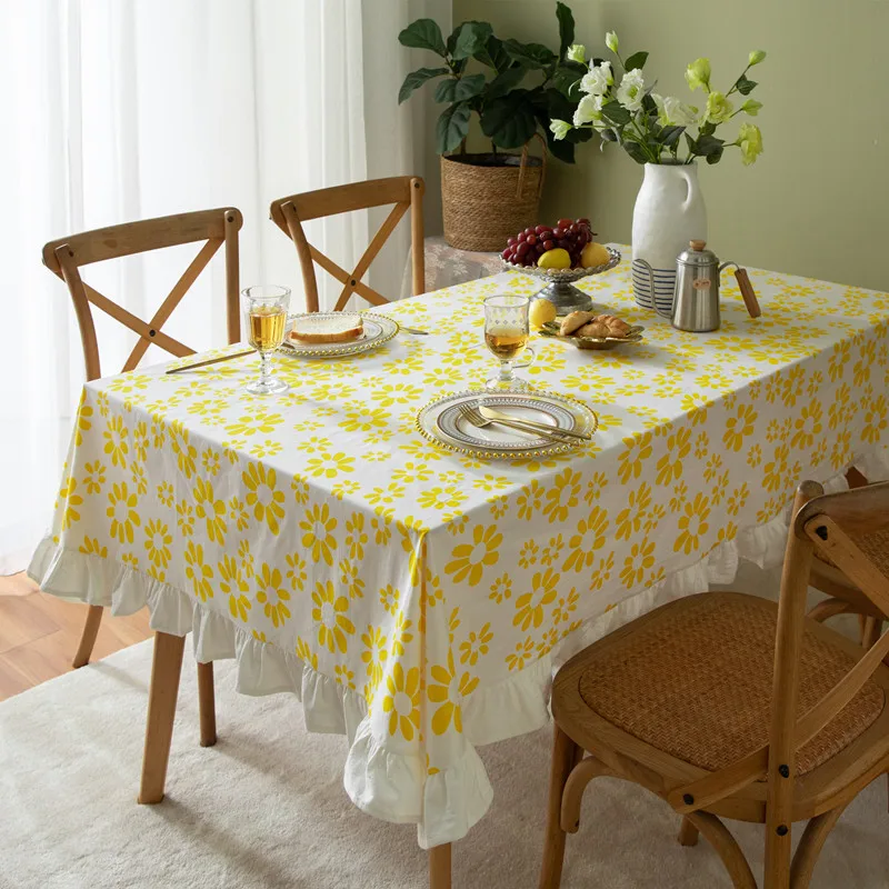 Cotton Printed Small Fresh Green Plants Spring Flowers Leaves Lotus Edges Tea Tables Tablecloths