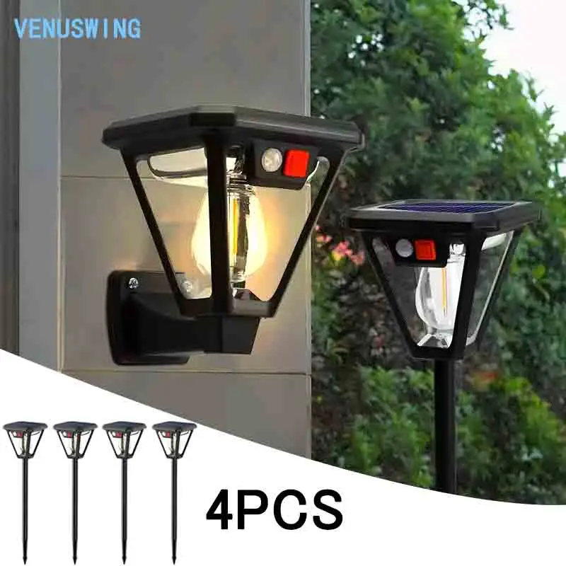 4 Stück Solar-Außenbeleuchtung mit Bewegungssensor, 2-in-1 LED-Licht, Rasenlampe, Wand- und Rasenleuchte, wasserdichte Solar-Rasenleuchte, Solar-Wandleuchte, Solar-Wolframleuchte,