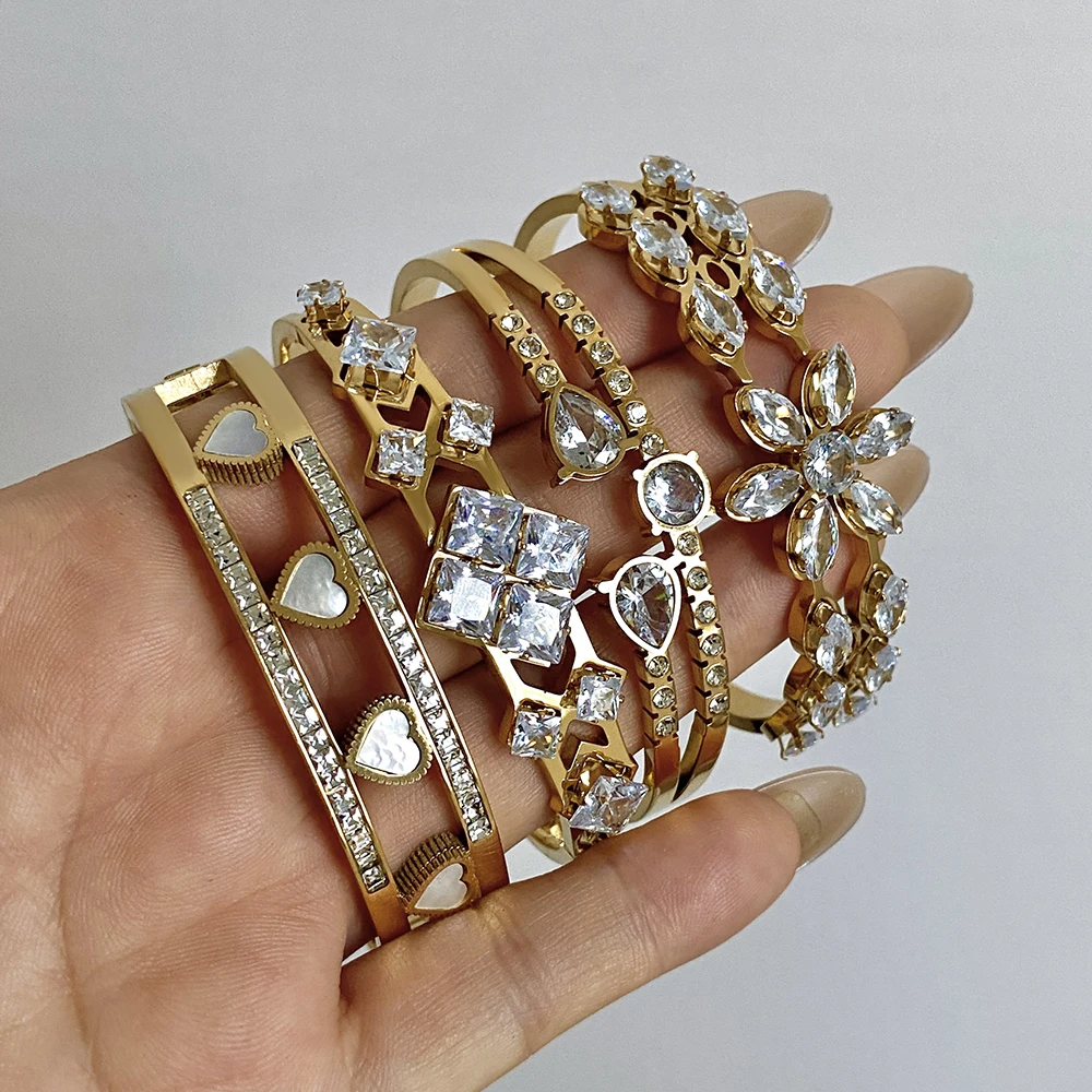 Greatera الفولاذ المقاوم للصدأ حجر الراين سوار الأزياء الأرقام الرومانية تصميم المعين زهرة الحفر القلب نمط المرأة الإسورة #4