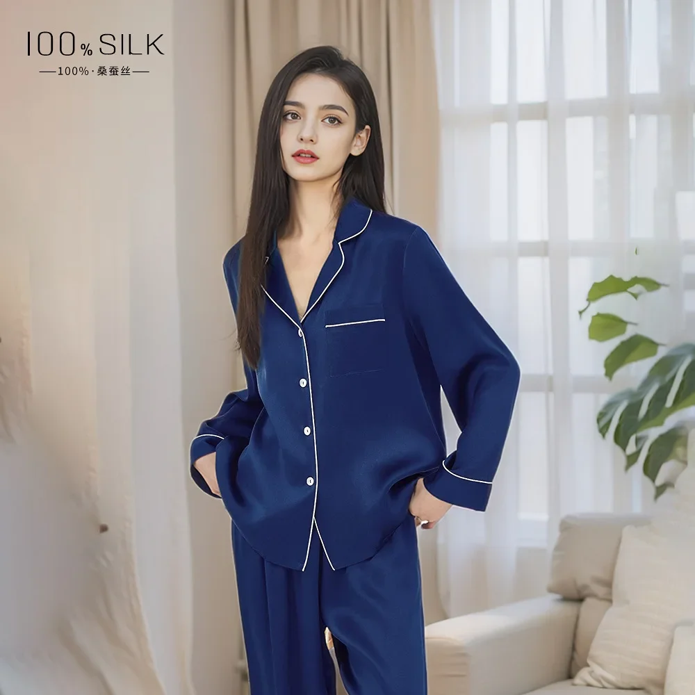 19 Momme 100% Mulberry Silk Women's Sleepwear Set Satin Pajamas Solid Color Spring Long Sleeve Button Lapel Collar Tops & Pants
