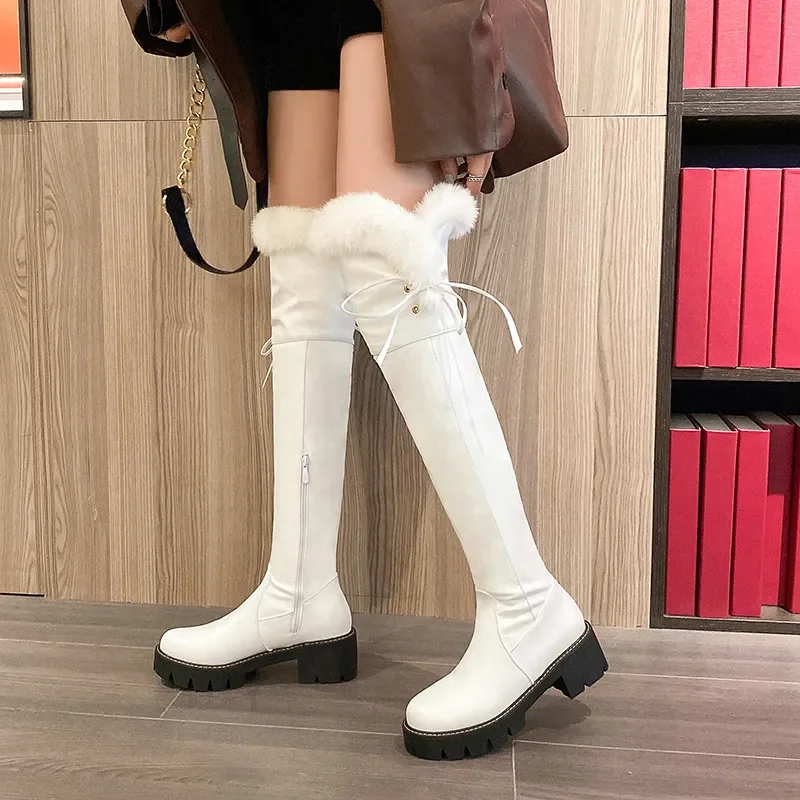 

YMECHIC Winter 2025 Sexy Cross-tied Plush Inside Over The Knee Boots Ladies Square Heel Long Party Shoes for Women Plus Size