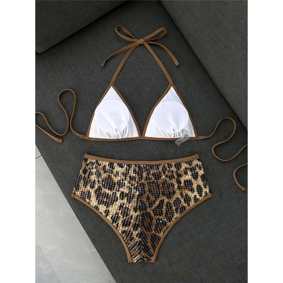 Sexy Bikini mit Leopardenmuster, Neckholder-Design und Pailletten, Damen-Badeanzug, zweiteiliges Bikini-Set, Badebekleidung, Badeanzug, Modell V8312. – Detail 5