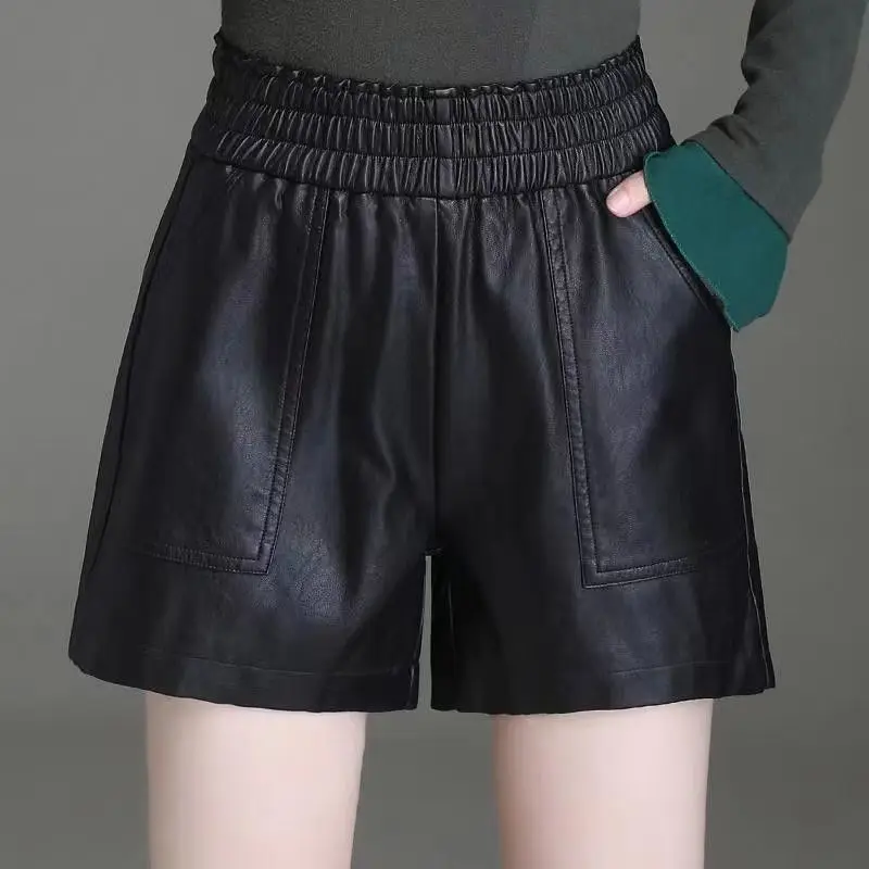 Women's All-Matching Wide Leg PU Leather Shorts Autumn New Slimming High Waist Loose Outer Wear Straight Leather New Shorts M80