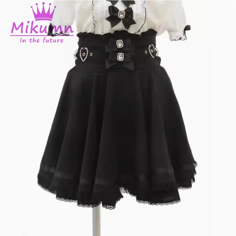 Mikumn Harajuku estilo Lolita agradable arco perla hebilla Falda plisada de cintura alta Y2k chicas góticas japonés Kawaii A-line Mini falda