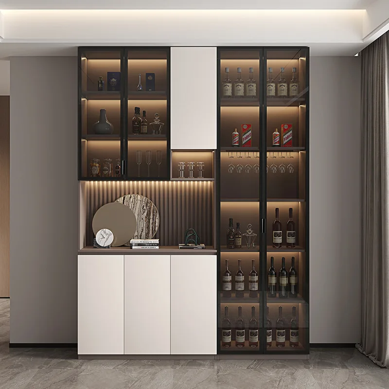 Solid wood dining side cabinet integrated against the wall Modern simple glass door Wine cabinet Dining room Living room locker