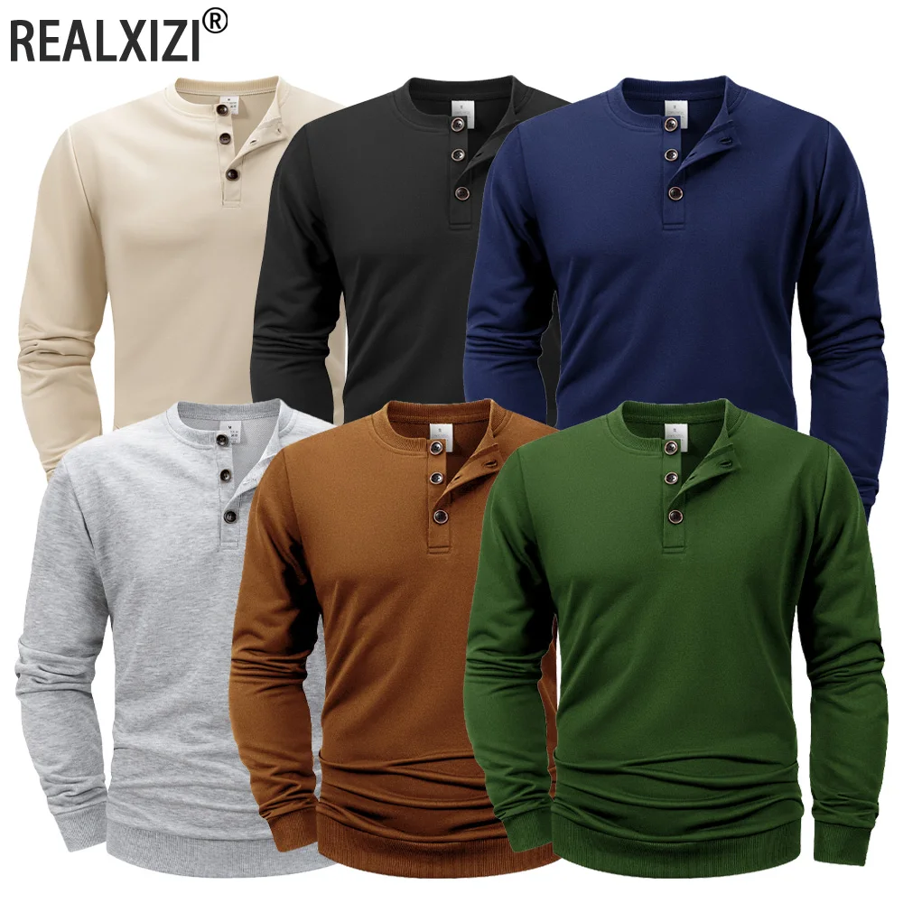 Outono masculino manga longa henley camisas cor sólida casual sweatshirts botão para baixo esportes pulôver confortável roupas masculinas