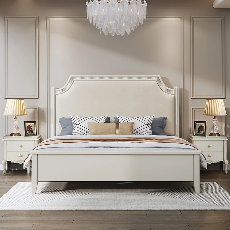 American solid wood bed, white master bedroom modern simple double bed
