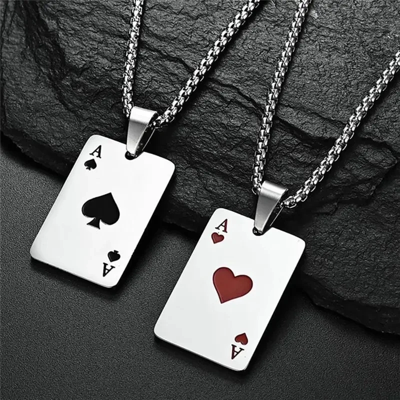 Conjunto de 2 piezas de cartas de póker de acero inoxidable con declaración de Hip Hop, collar Ace of Spades para mujeres y hombres, cadena colgante, joyería de naipes