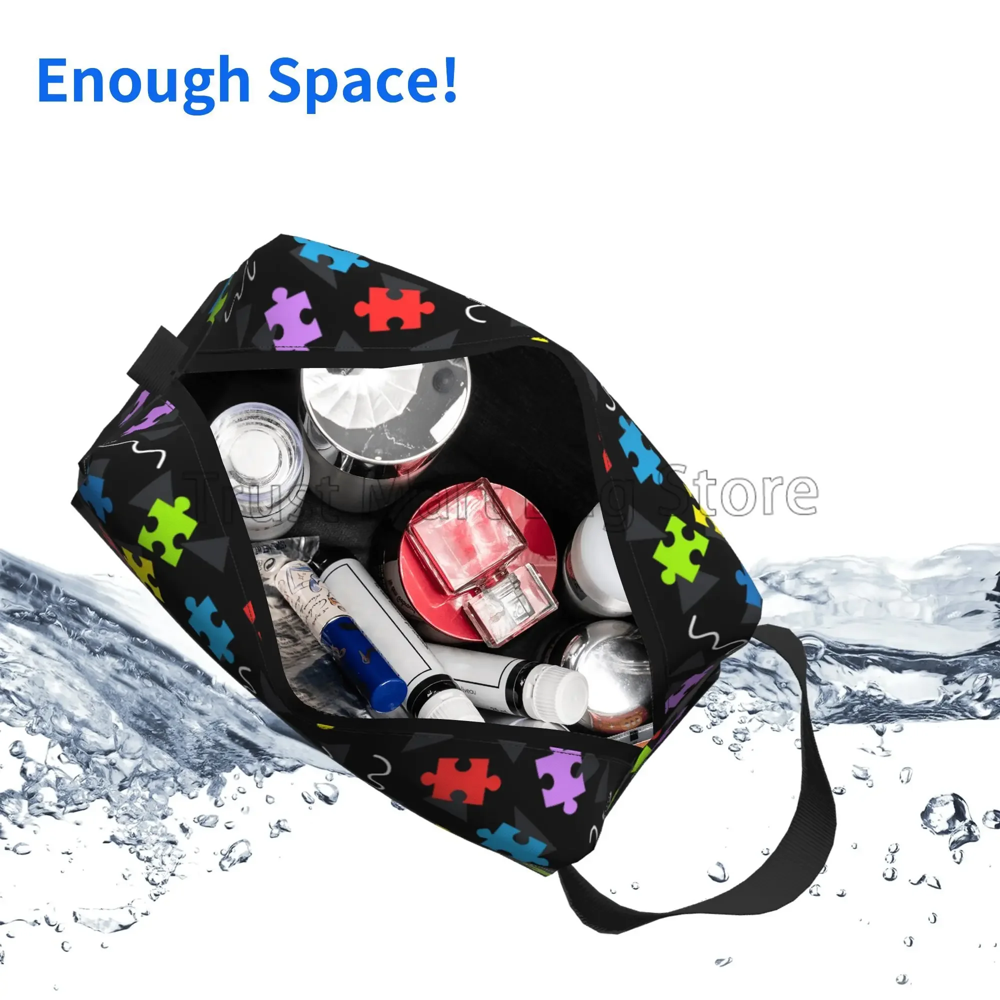 Autism Awareness Puzzle Piece Pattern Toiletry Bag Portable Large Capacity Travel Cosmetic Bag Make Up Organizer Pouch