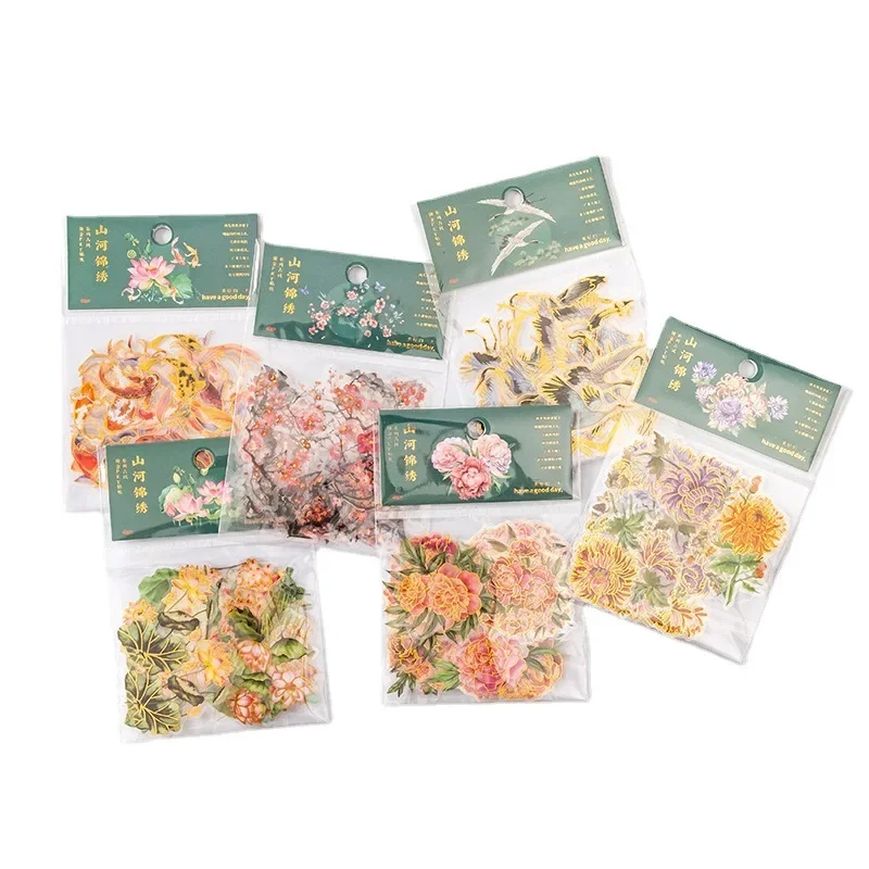 30pcs/bag Gilding Stickers Chinese Ancient Vintage Patterns Mascot Plum Flower Peony Hand Book DIY Material Decoration Stickers