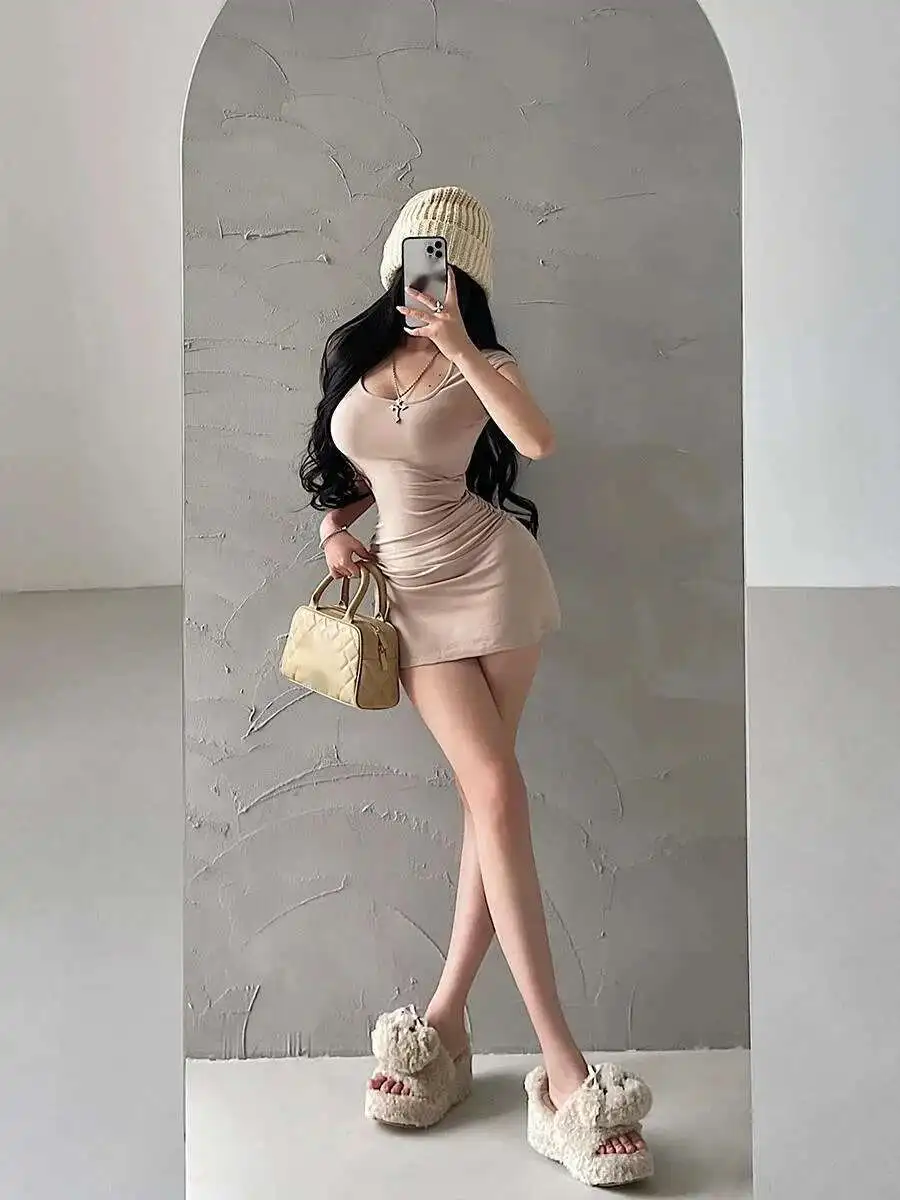 Pittig Pure Desire Meisje Sexy U-hals Slanke Gevouwen Taille Korte Mouw A-lijn Jurk Elegante Korte Mini T-shirt Jurk Mode X74K