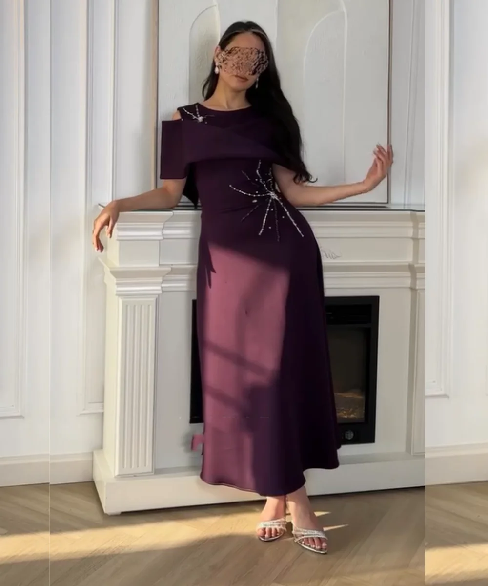 

Customized Pastrol Jersey Pleat Sequined Pattern A-line O-Neck Midi Evening Dresses Luxury 2025 Bespoke Occasion Formal