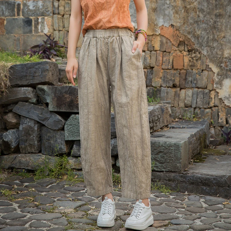 

Women Cotton Linen Casual Pants New Arrival 2025 Summer Vintage Style Tie Dye Female Ankle-length Pencil Pants T436