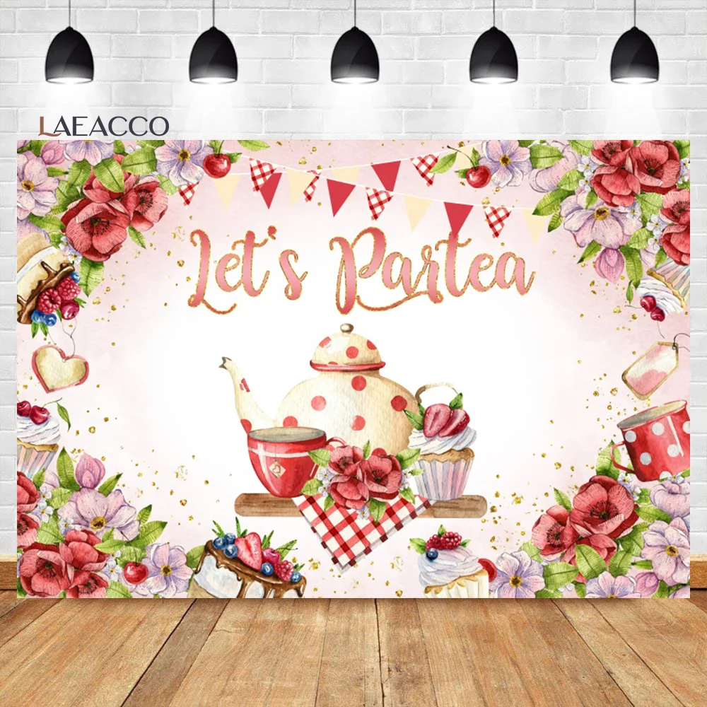 

Laeacco Lets Partea Backdrop Spring Pink Floral Glitter Sweet Girl Garden Afternoon Tea Birthday Portrait Photography Background