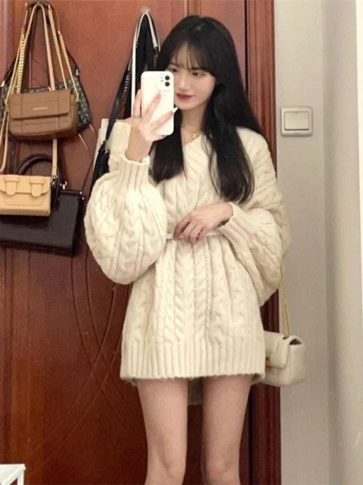 Camisola pullovers feminino na moda aconchegante estilo coreano outono doce manga longa malhas solto streetwear com decote em v retro concurso