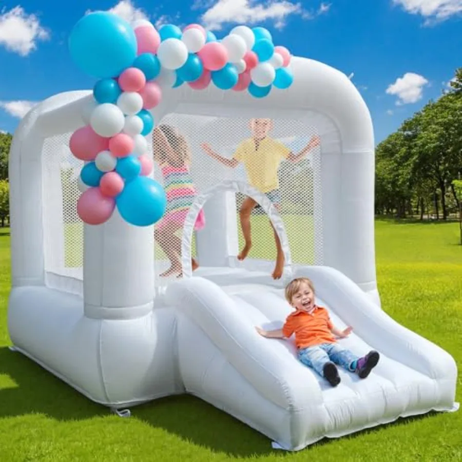

Надувной батут-замок белого цвета с горкой, для детей 3-6 лет, 8.33 футов (длина) x 5.4 фута (ширина) x 6.17 футов (высота), для использования в помещении/на улице, в стиле замка, без тематической подачи информации о дизайне.