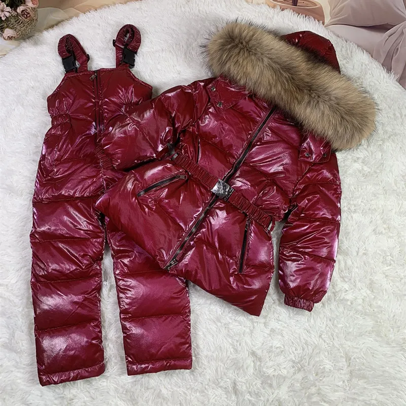 Children Down Jackets Pants Set Winter Girl Parka Toddler Kids Snow Coat Real Fur Collar Baby Outerwear Red Clothes Set Thick