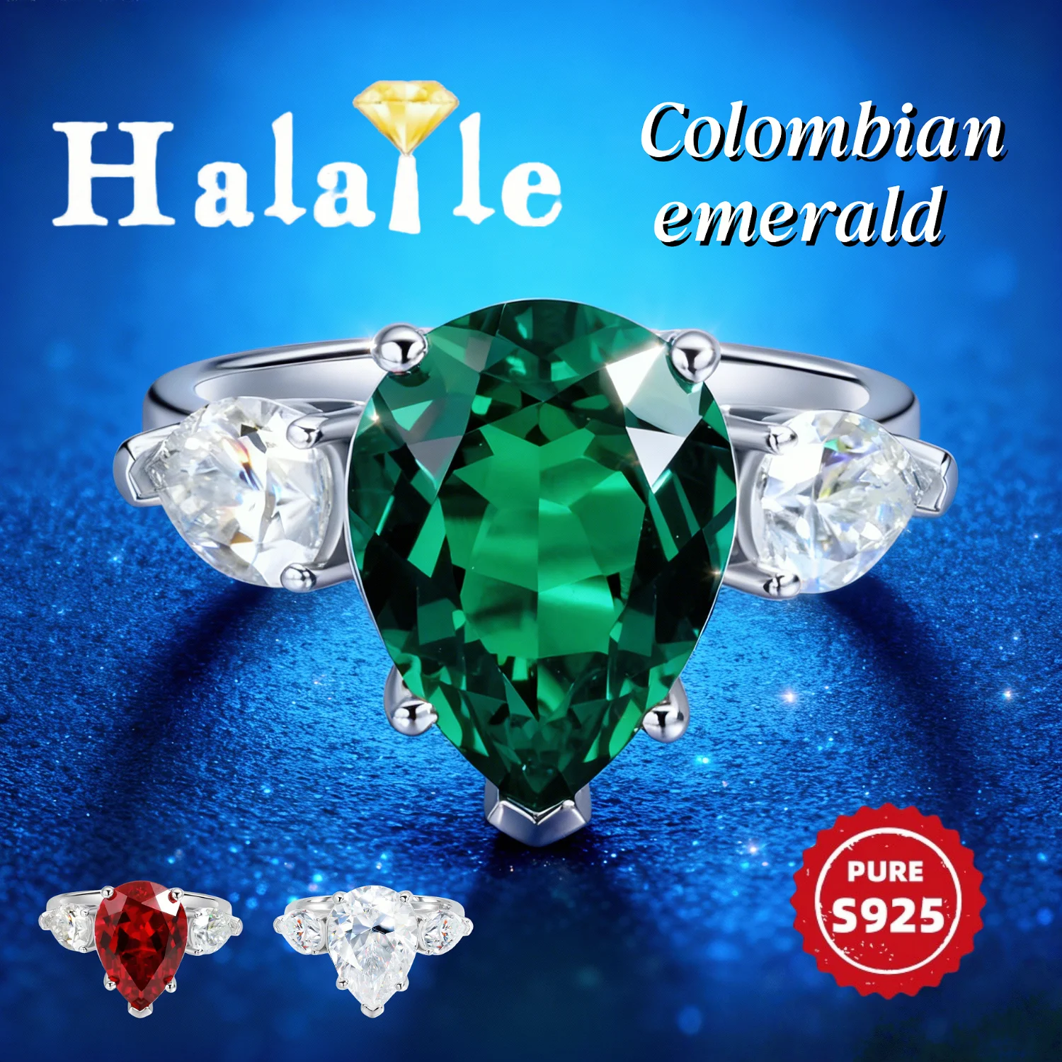 

Halaile 6cttw 10*14 Lab-Grown Colombian emerald And 5*7mm Moissanite Rings S925 Silver Pear Cut Fine Jewelry Dainty Elegant