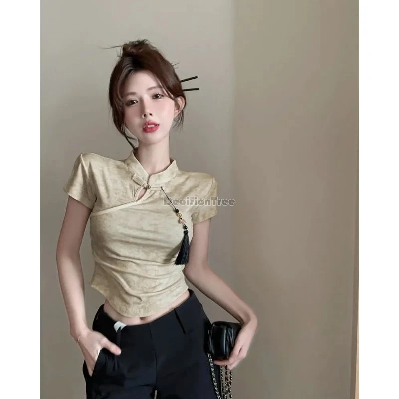 

2024 summer fashionable sexy slim versatile qipao top retro chic waist design sense irregular top elegant leisure women blouse